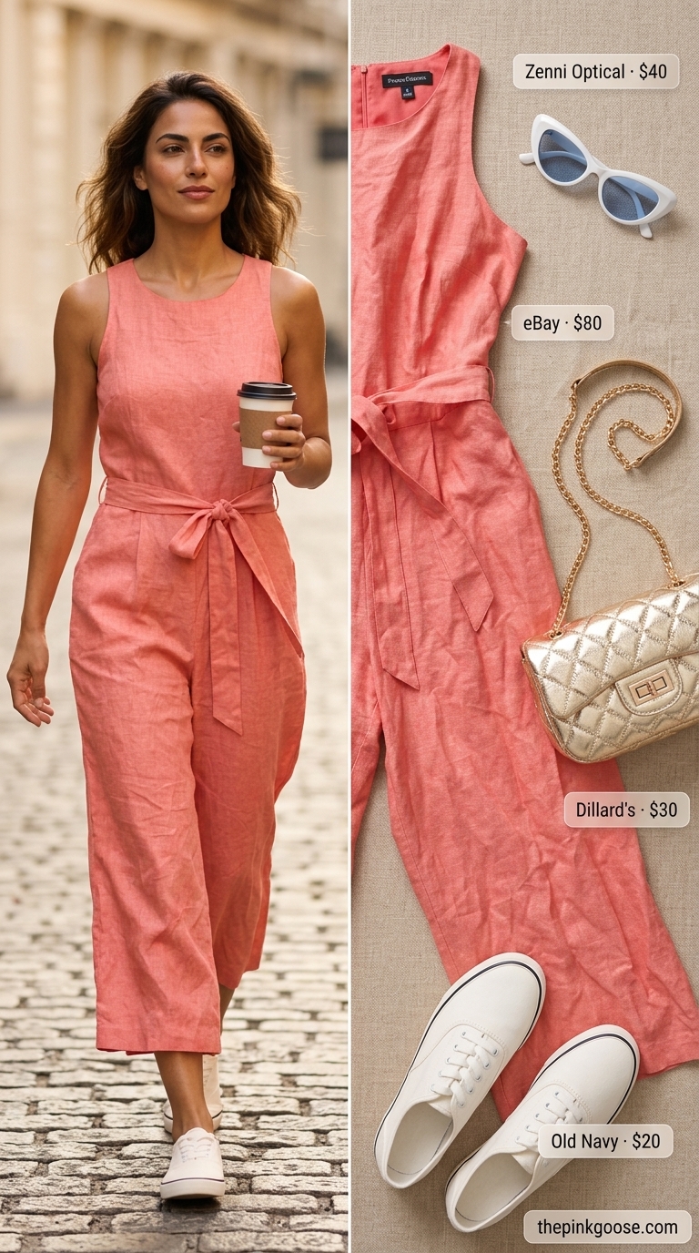 Vibrant coral linen jumpsuit for women, perfect for weekend outings or casual dates in 2026. Playful and cheerful.