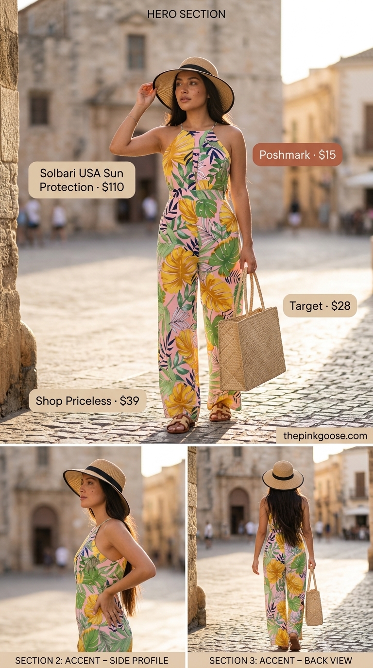 Tropical floral sleeveless summer linen jumpsuit for women 2026. Beach vacation outfit with straw hat & tote.