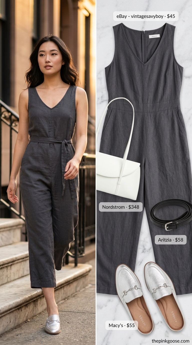Sophisticated charcoal linen jumpsuit for women 2026, paired with silver mules and leather belt for an elegant evening.