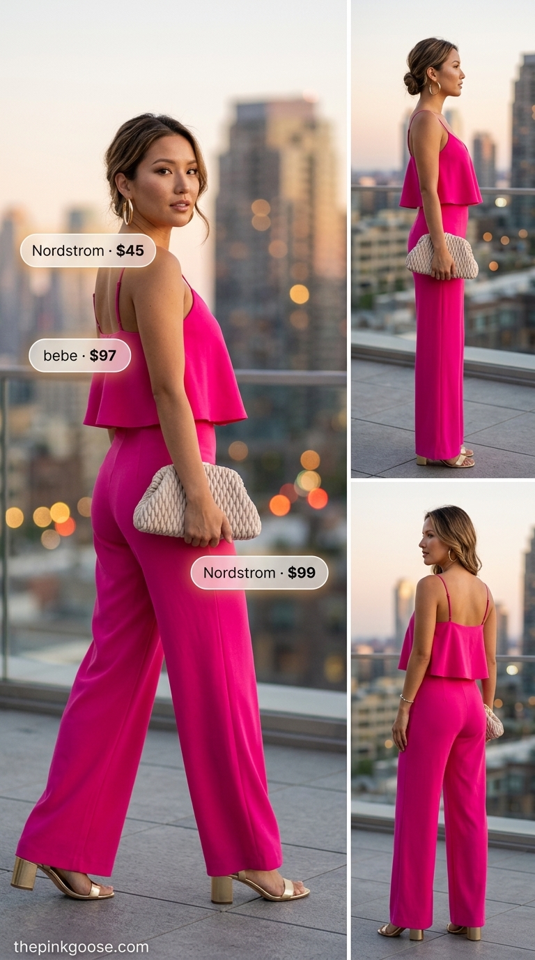 Vibrant hot pink linen jumpsuit for women 2026, paired with gold heels and clutch for a glamorous vacation evening look.