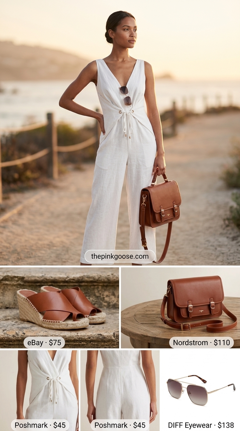 Elegant white linen jumpsuit for upscale brunch or summer engagement parties in 2026. Luxurious and refined.