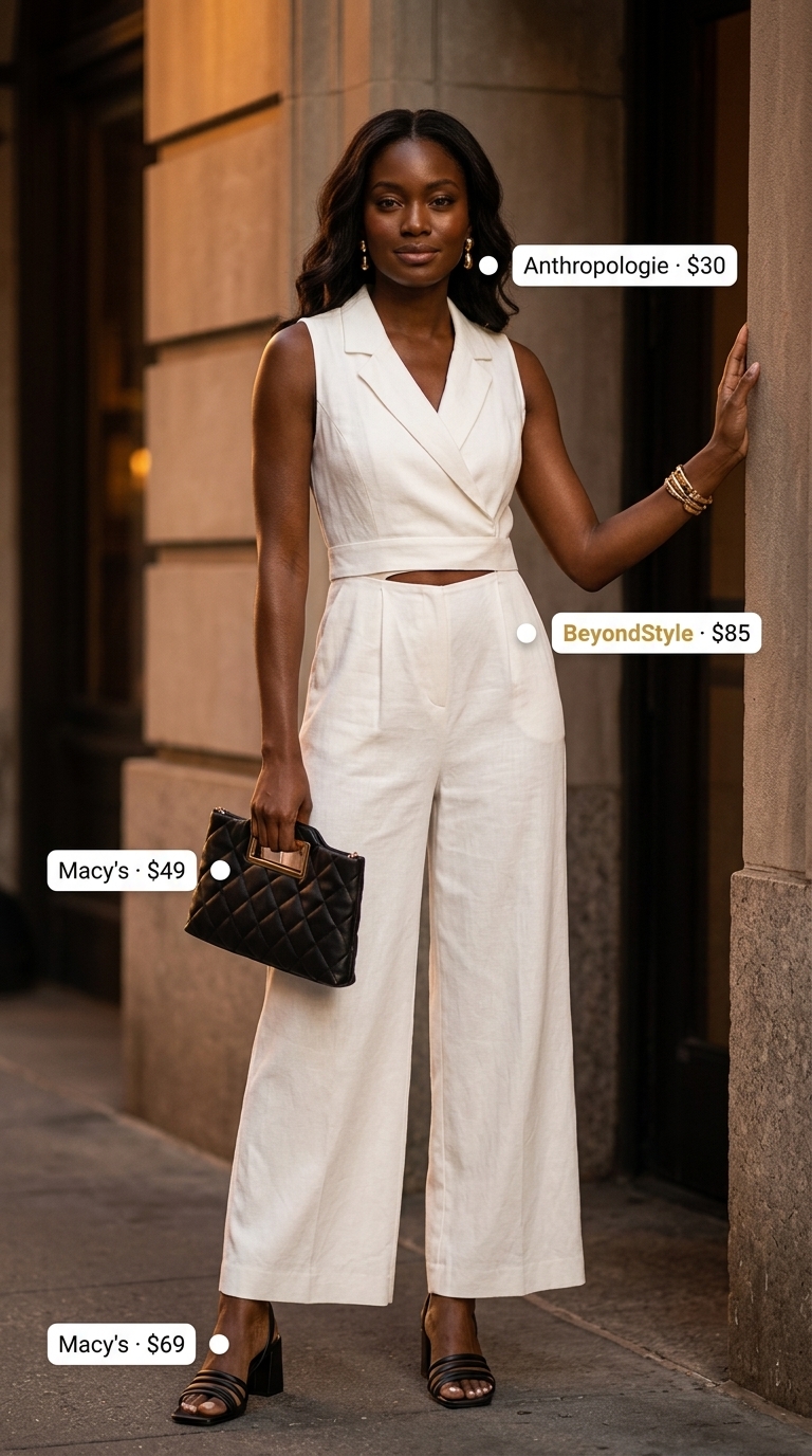 White sleeveless summer linen jumpsuit for women 2026. Elegant evening outfit with block heel sandals.