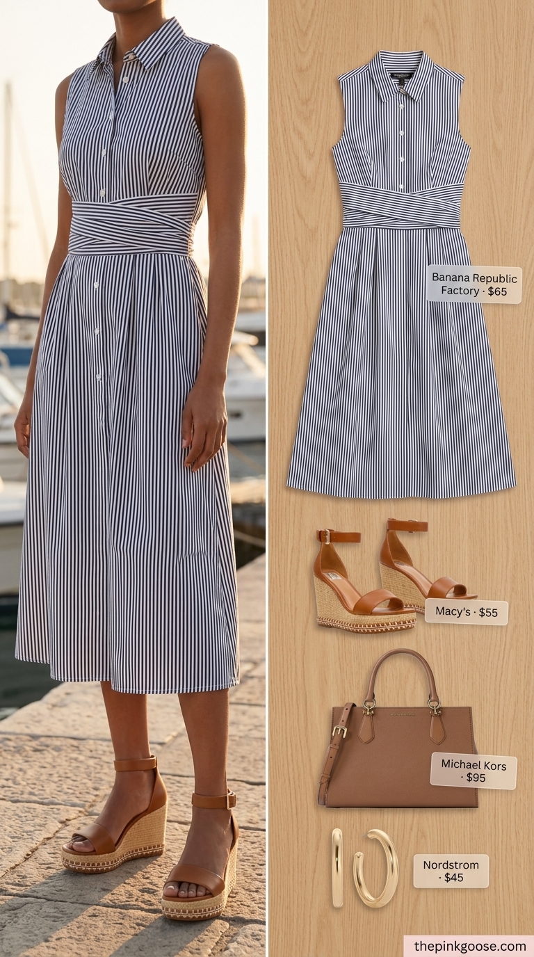 Chic navy stripe A-line sleeveless dress for women 2026, ideal for upscale brunch or yacht club events.