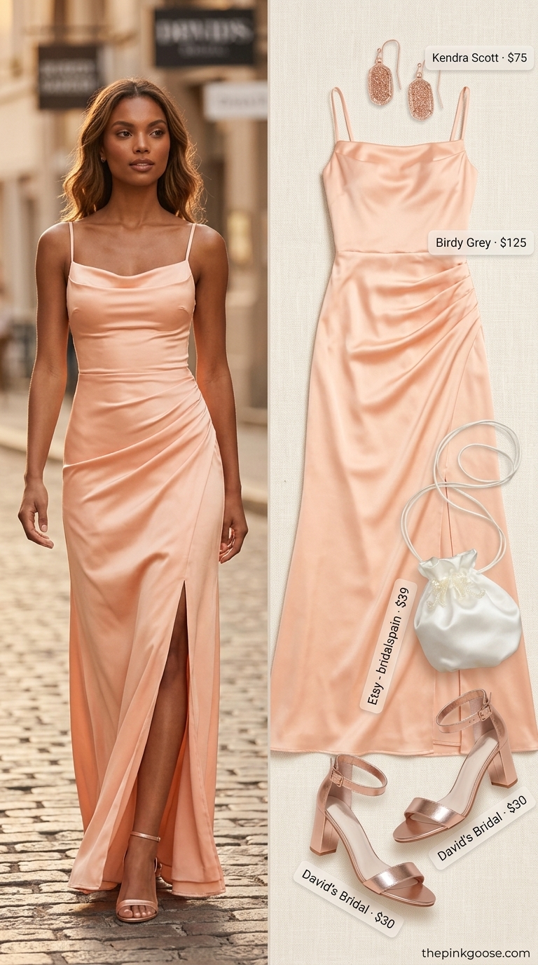 Romantic soft peach A-line sleeveless dress for women 2026, perfect for wedding guests and anniversary dinners.
