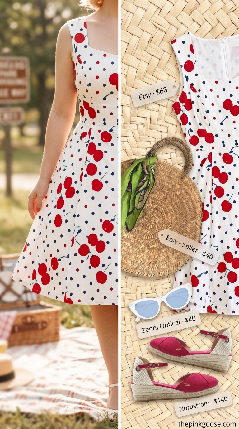 Retro cherry red polka dot A-line sleeveless dress for women 2026, perfect for picnics and vintage markets.