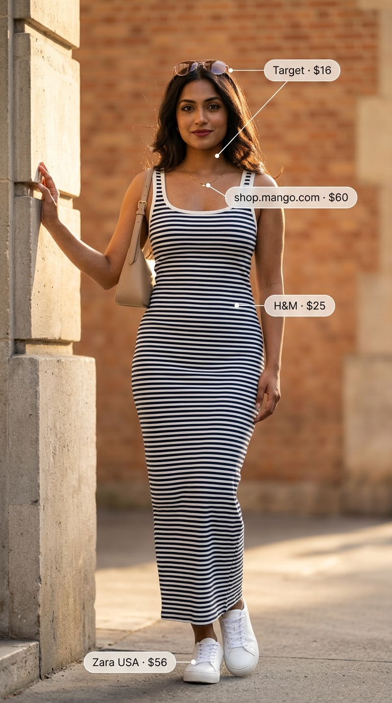 Chic navy and white stripe A-line sleeveless dress for women 2026, perfect for weekend getaways and city sightseeing.
