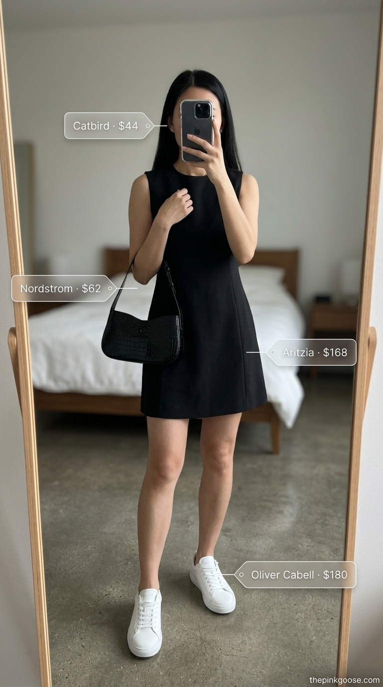 Black A-line sleeveless mini dress with silver earrings, white sneakers, and black shoulder bag for urban edge 2026.