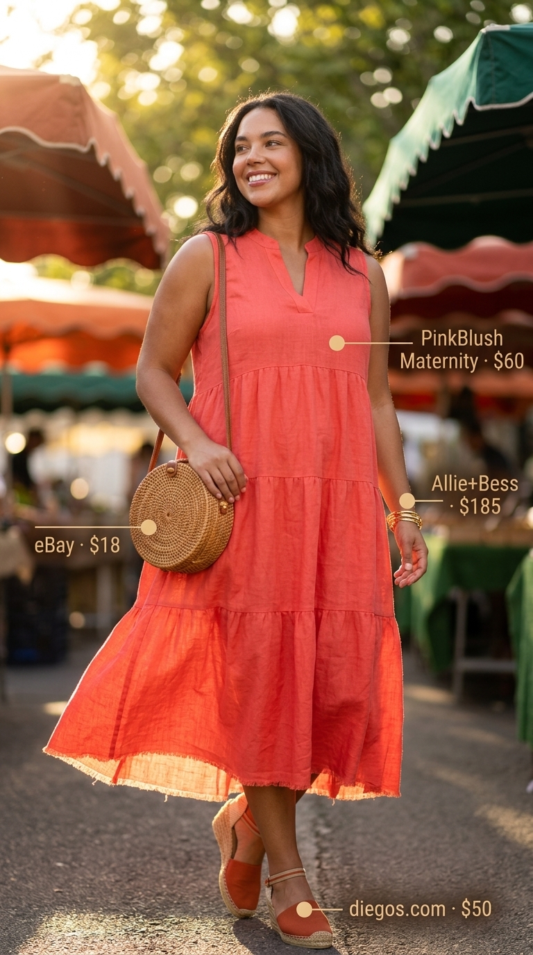 Coral linen A-line sleeveless midi dress with espadrille wedges and rattan bag for a vibrant sunset market look 2026.