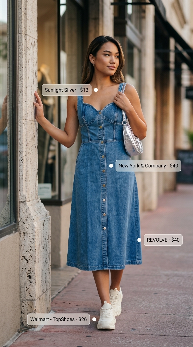 Women's light denim A-line sleeveless midi dress with white sneakers and silver accessories for a cool downtown day out 2026.