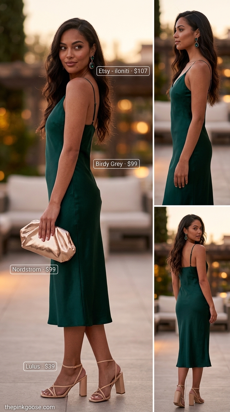 Emerald green satin A-line sleeveless midi dress with gold earrings and nude sandals for elegant evening wear 2026.