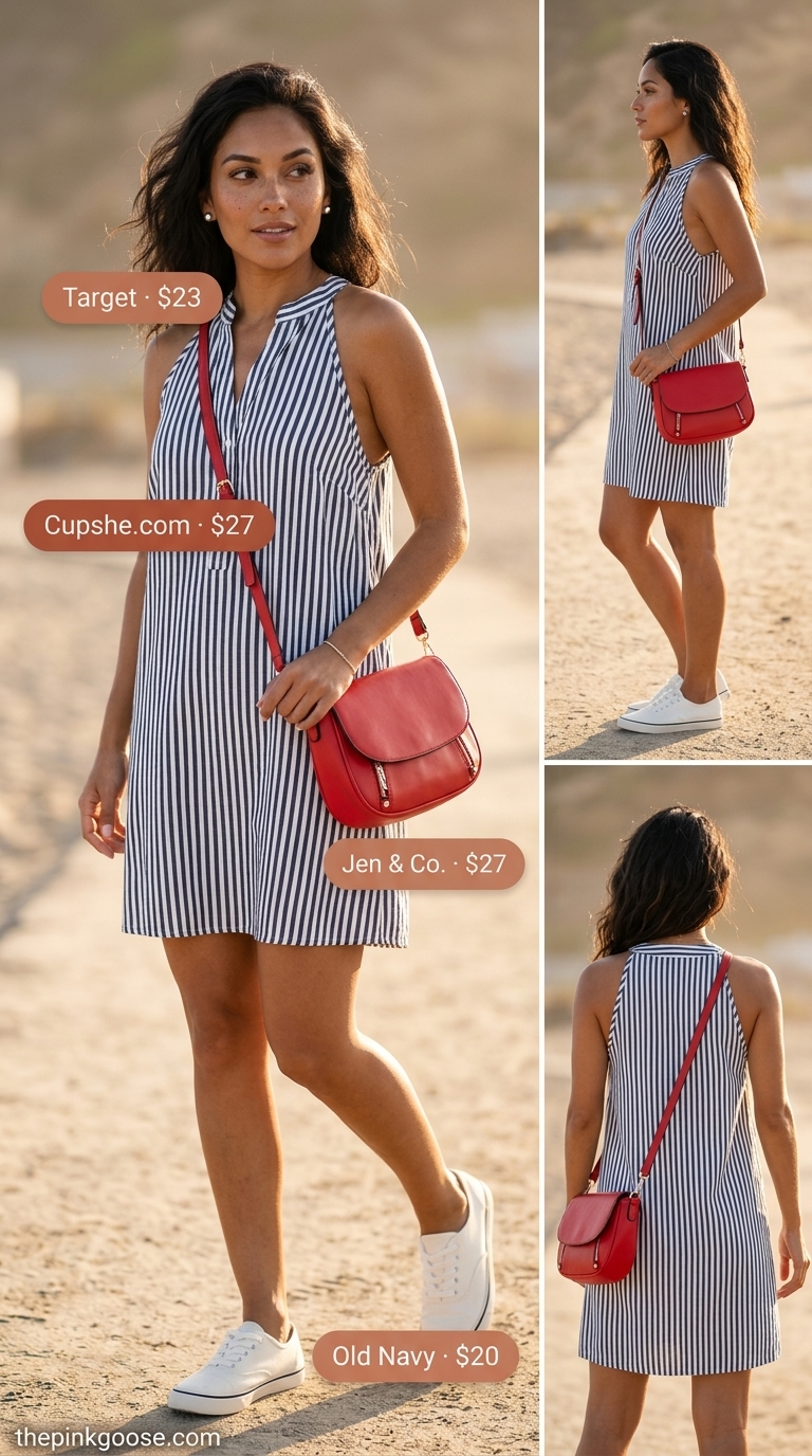 Navy and white striped A-line sleeveless mini dress with red crossbody and white sneakers for a nautical summer look 2026.