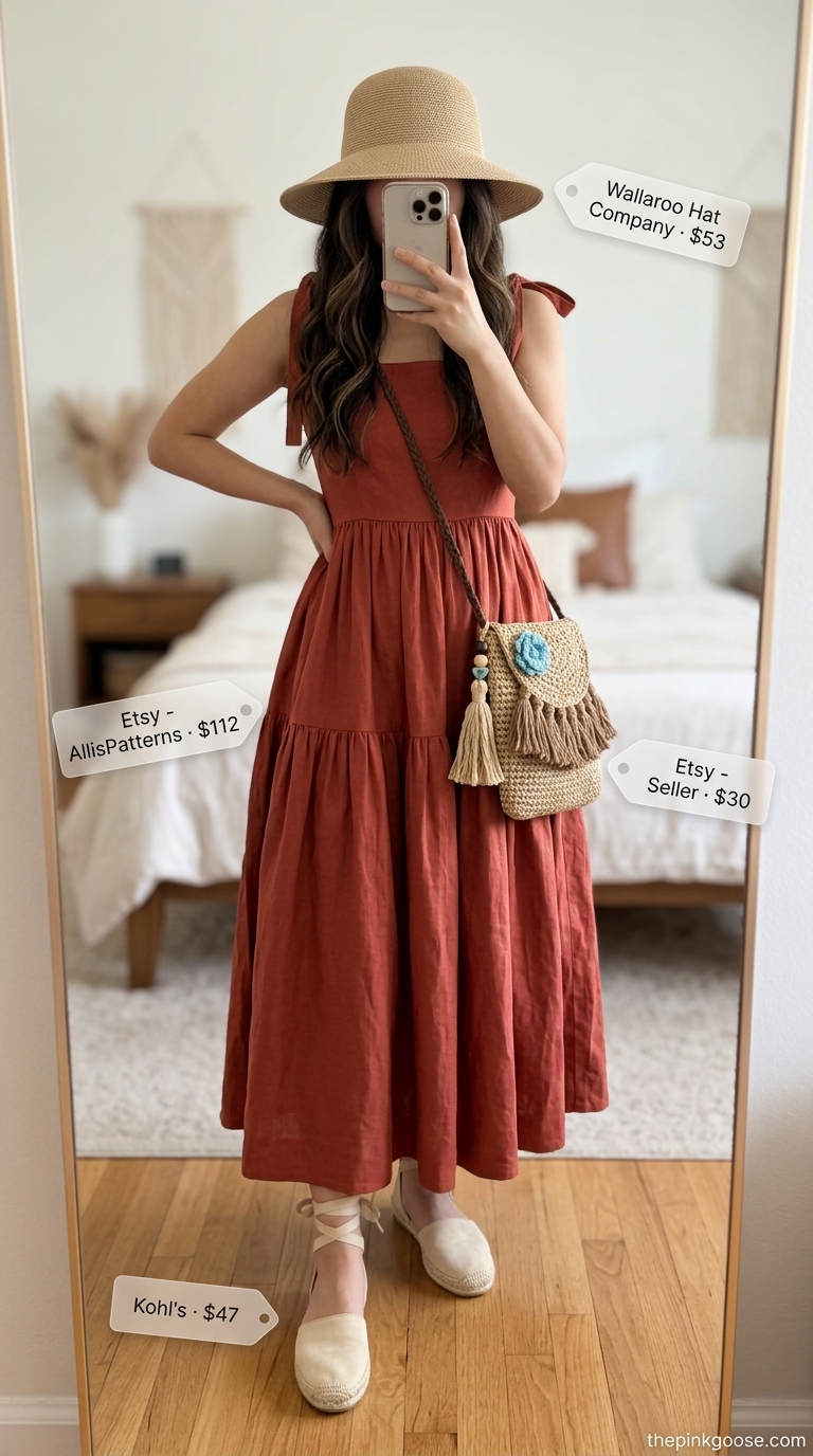 Terracotta A-line sleeveless maxi dress with espadrille sandals, straw hat, and gold necklaces for a bohemian look 2026.
