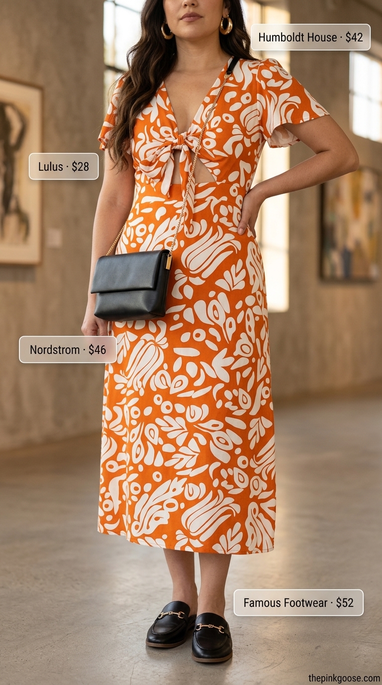 Abstract print A-line sleeveless dress for women 2026 with black mules and gold hoops for an artistic gallery visit.