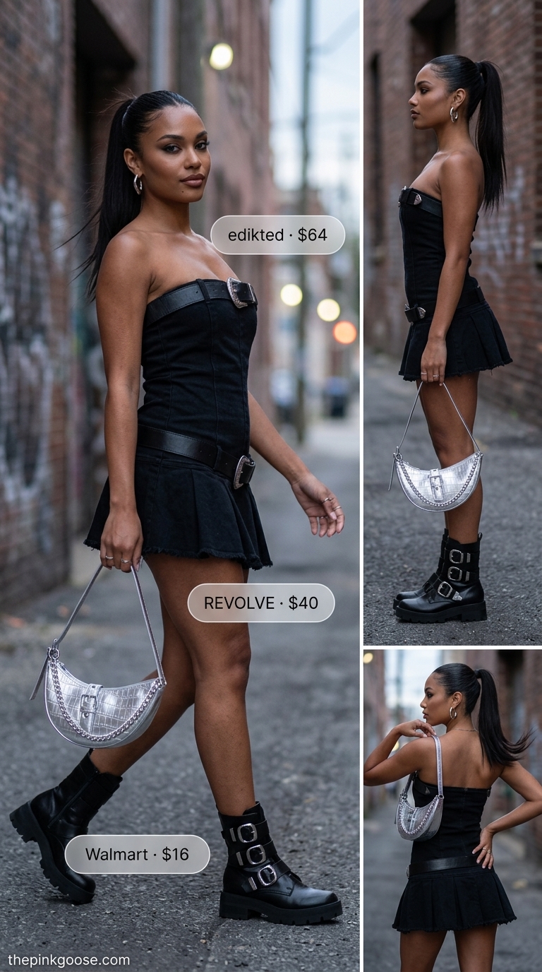 Black denim A-line sleeveless dress for women 2026 with combat boots and silver accessories for an urban edge.