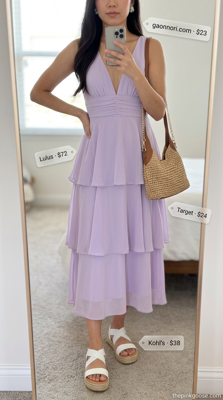 Lavender A-line sleeveless dress for women 2026 with espadrilles and a straw top-handle bag for a sweet brunch look.