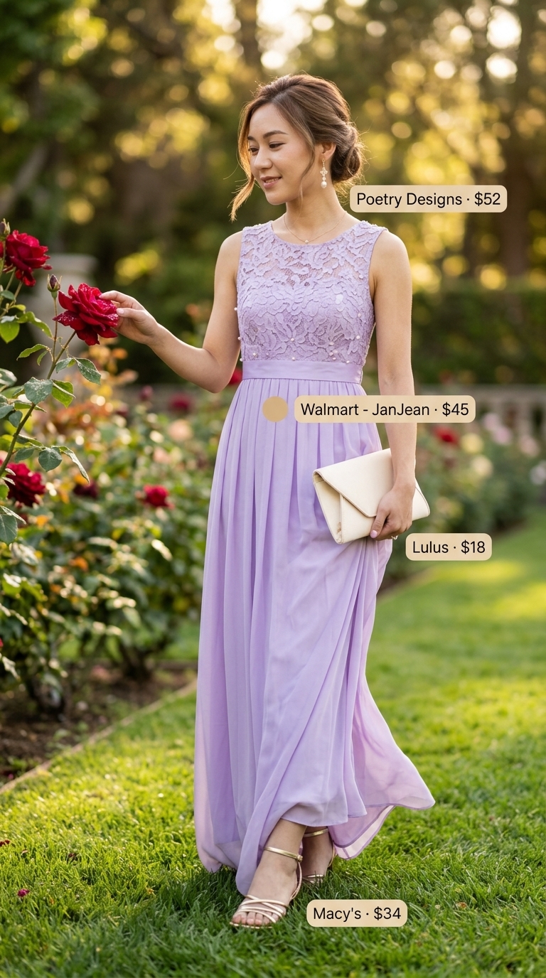 Lavender chiffon A-line sleeveless maxi dress for women 2026 with gold block heels and a satin clutch for a garden party.