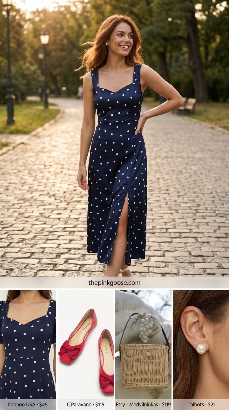 Navy polka dot A-line sleeveless dress for women 2026 styled with red ballet flats and a wicker bag for a retro park look.