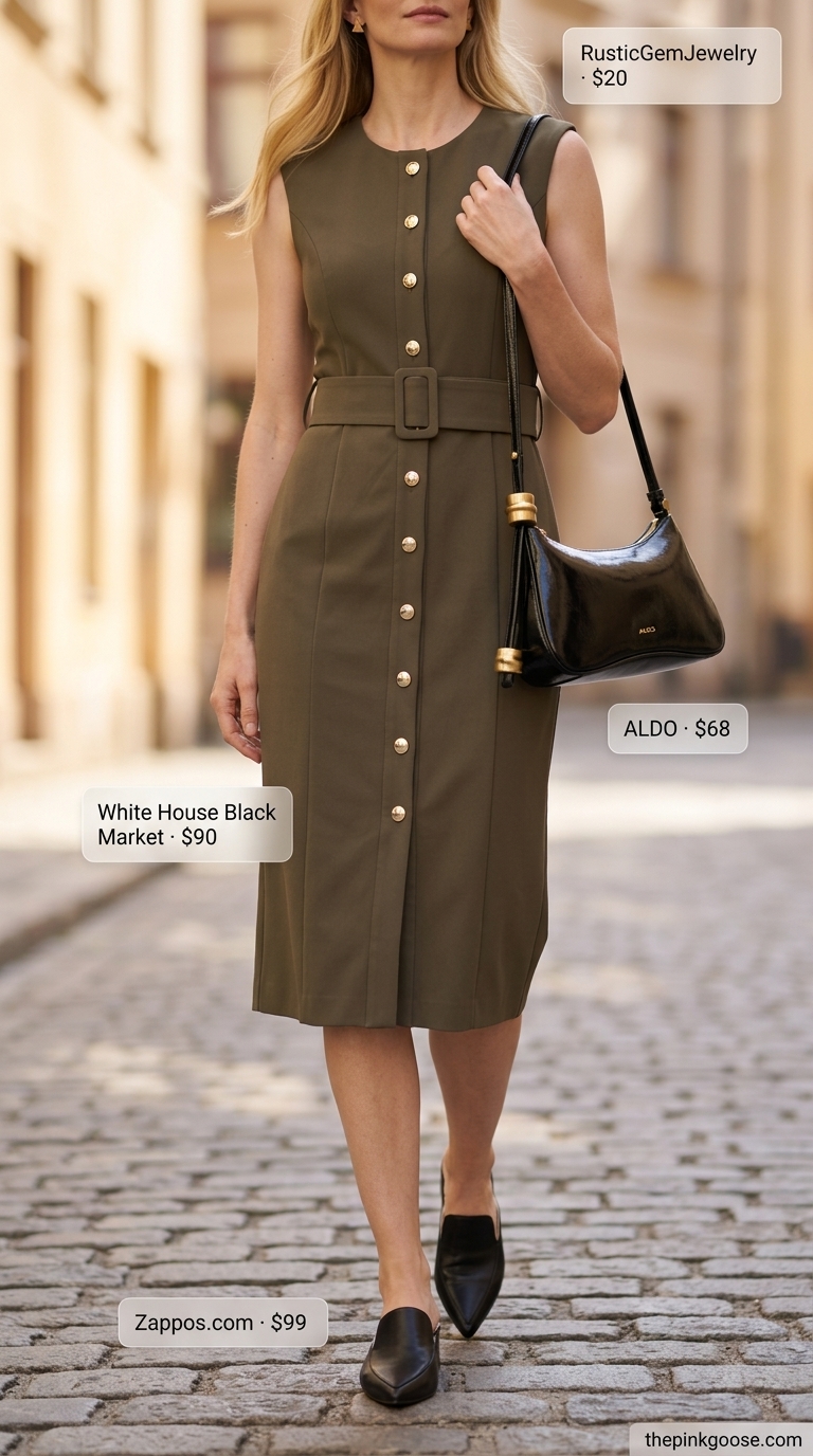 Olive green A-line sleeveless dress for women 2026 paired with black leather mules and gold accessories for city chic.