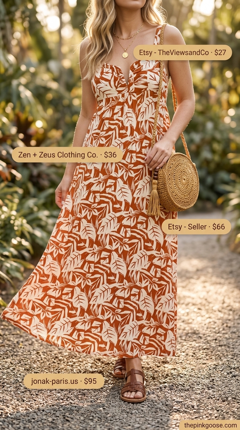 Rust orange floral A-line sleeveless maxi dress for women 2026 with leather slides and a straw crossbody bag.
