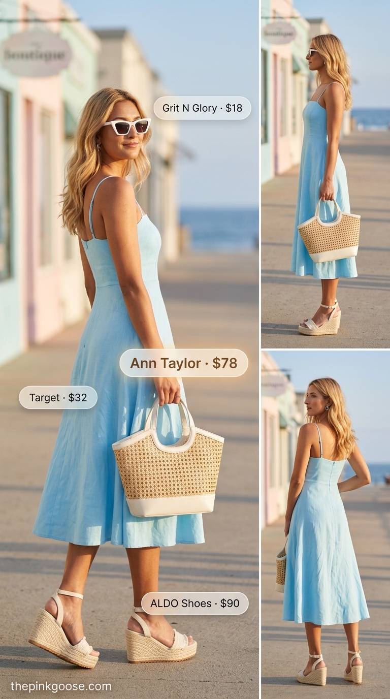Sky blue linen A-line sleeveless dress for women 2026 with espadrille wedges and a straw tote for coastal resort vibes.