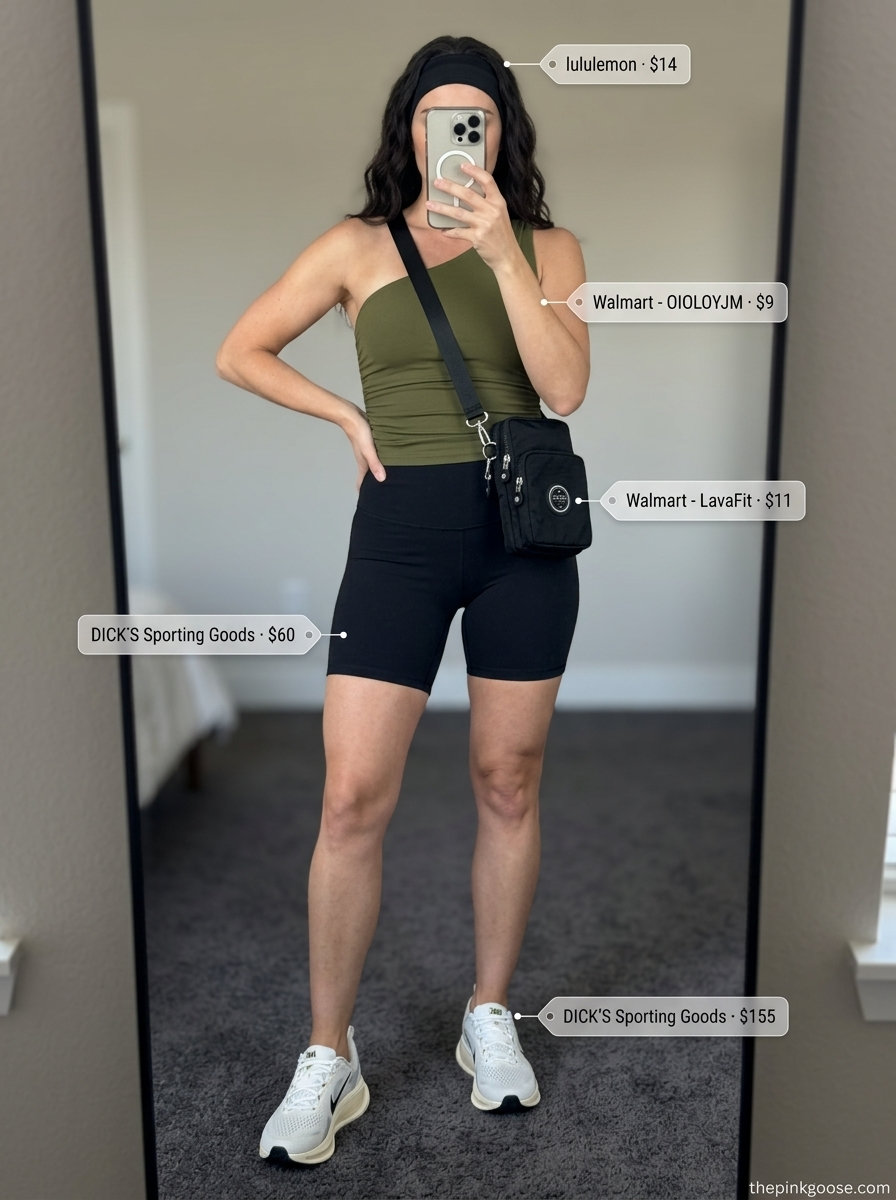 Active summer asymmetric neck outfits for women 2026: olive green tank top, black biker shorts, sneakers.