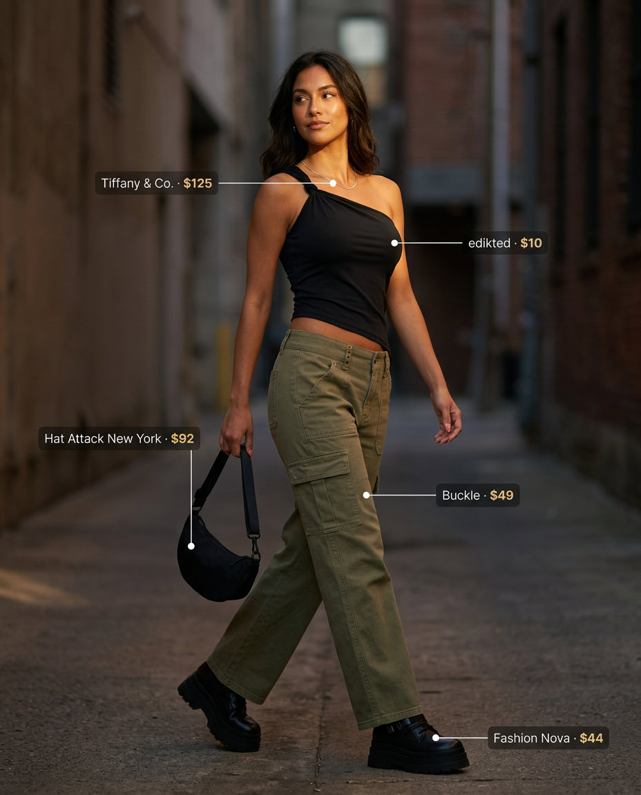 Black asymmetric crop top, khaki cargo pants, combat boots for urban summer Asymmetric Neck outfits 2026.