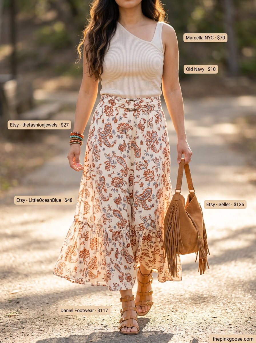 Bohemian maxi skirt, cream tank top, gladiator sandals for festival summer Asymmetric Neck outfits 2026.