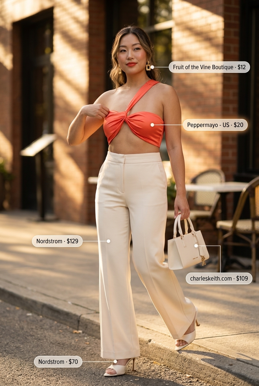 Coral satin asymmetric top, cream wide-leg trousers for chic summer Asymmetric Neck outfits 2026.