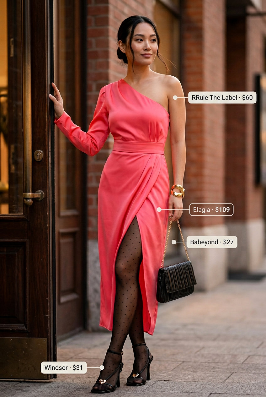Coral asymmetric one-shoulder slip dress with black heels and clutch. Summer Asymmetric Neck outfits for women 2026.