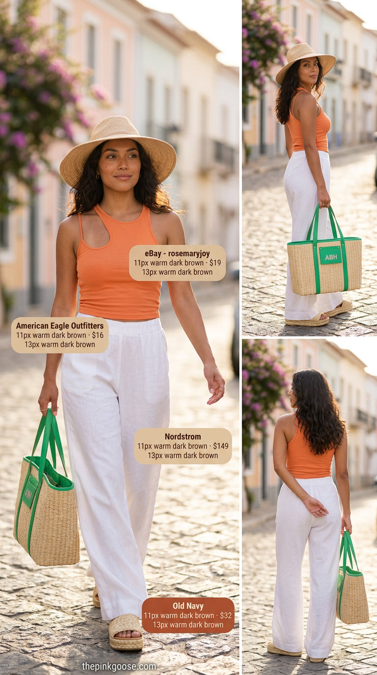 Coral asymmetric tank, white palazzo pants, straw hat for relaxed summer Asymmetric Neck outfits 2026.