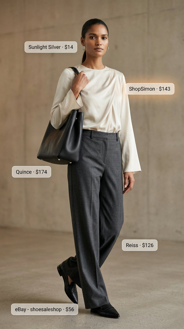 Cream asymmetric blouse, charcoal trousers, loafers for minimalist summer Asymmetric Neck outfits 2026.