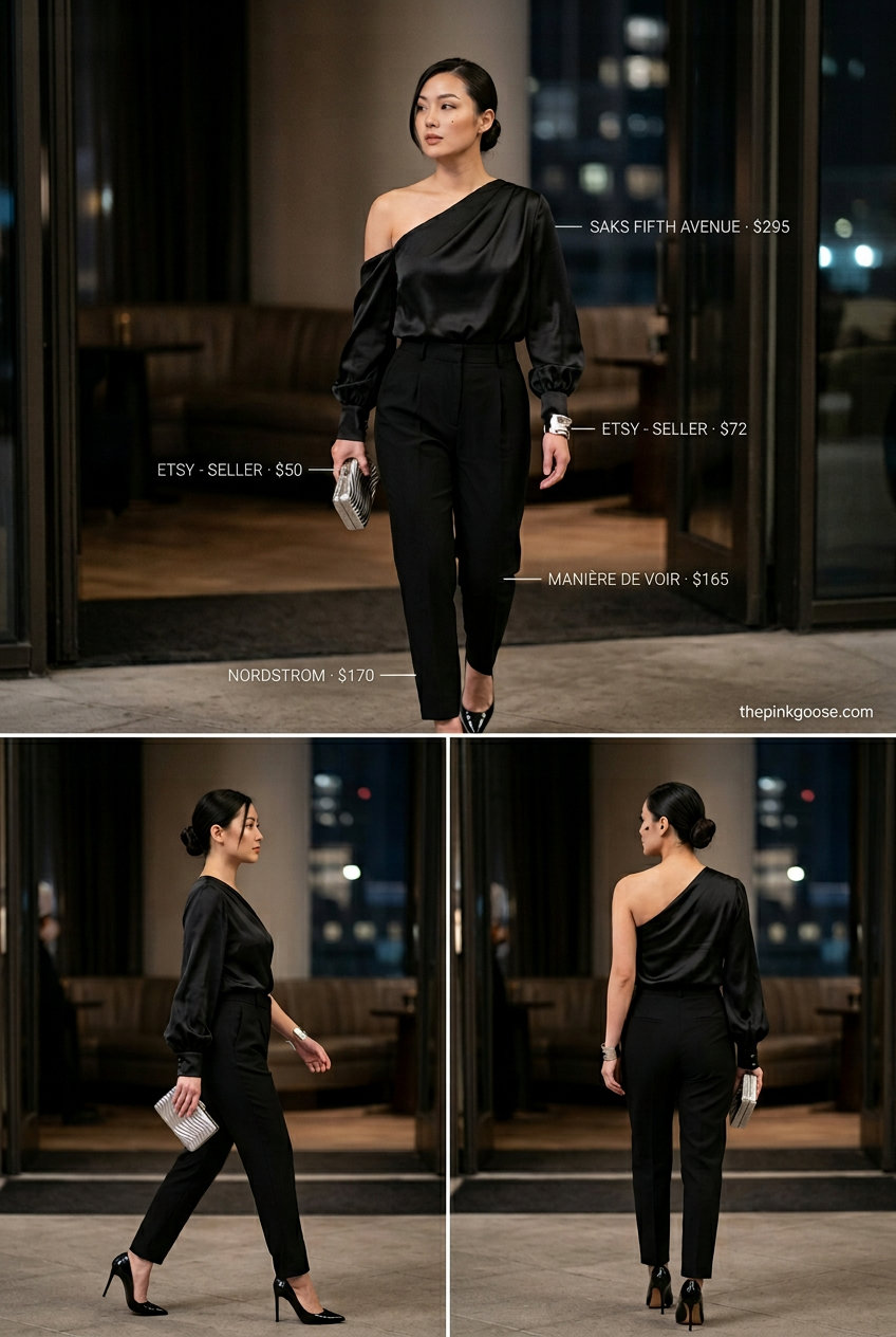 Evening Elegance summer asymmetric neck outfits for women 2026: black satin top, tailored trousers, silver heels.
