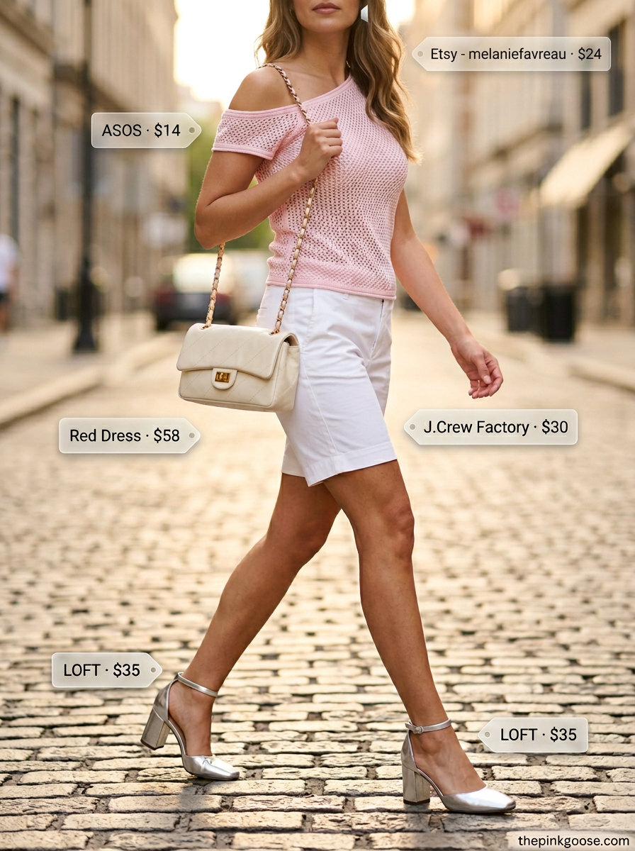 Modern Muse summer asymmetric neck outfits for women 2026: blush pink top, white Bermuda shorts, silver heels.