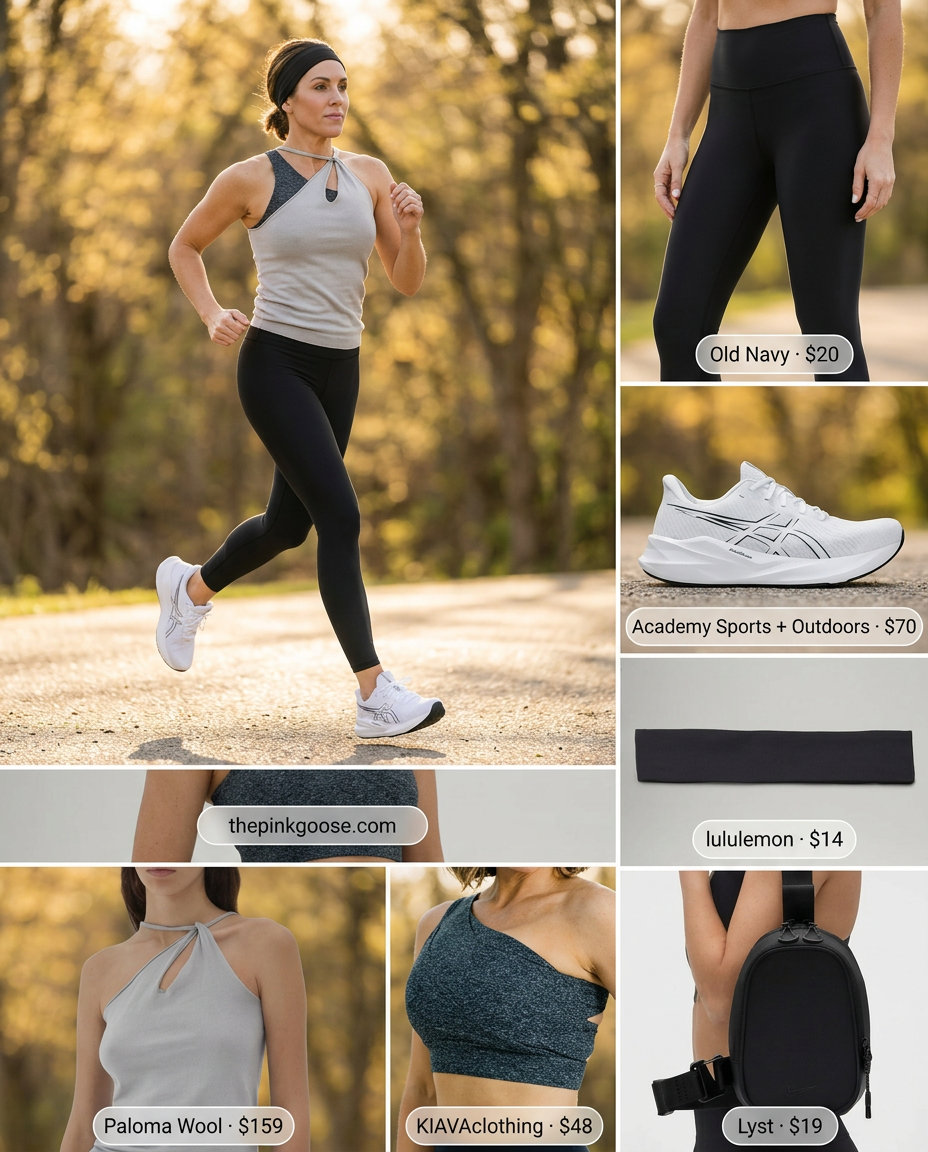 Charcoal grey asymmetric neck sports bra with black leggings and white sneakers. Summer Asymmetric Neck outfits for women 2026.