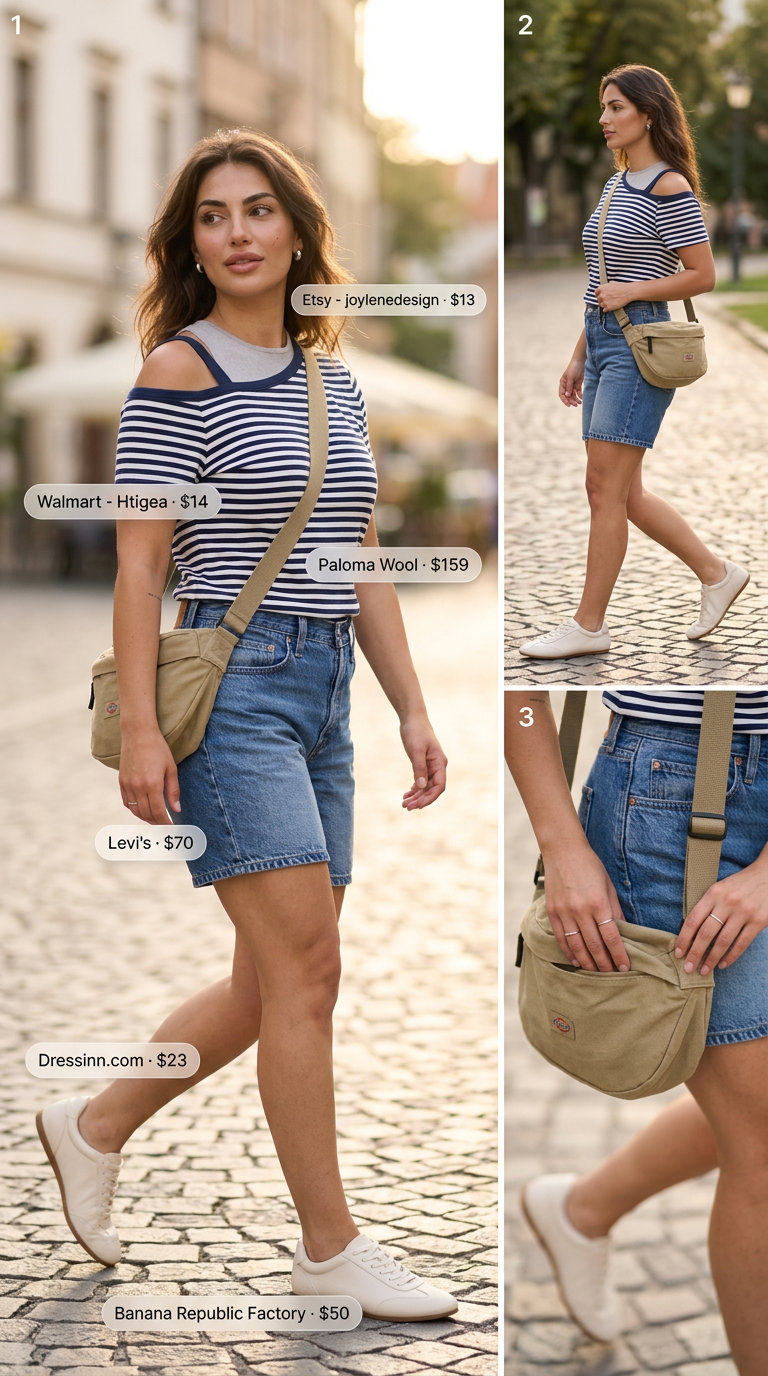 Striped asymmetric t-shirt with denim shorts and canvas belt bag. Summer Asymmetric Neck outfits for women 2026.