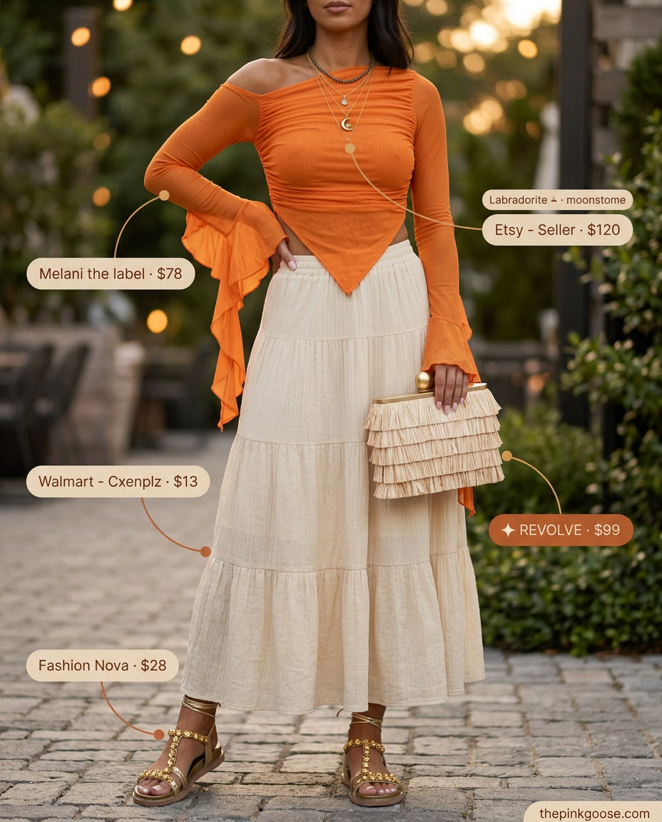Sunset summer asymmetric neck outfits for women 2026: orange blouse, cream maxi skirt, gold sandals.