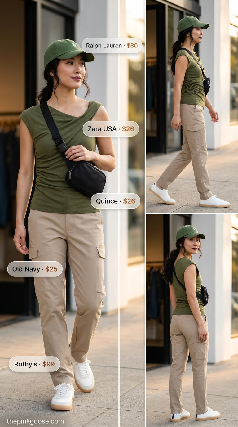 Weekend summer asymmetric neck outfits for women 2026: olive green t-shirt, khaki cargo pants, sneakers.