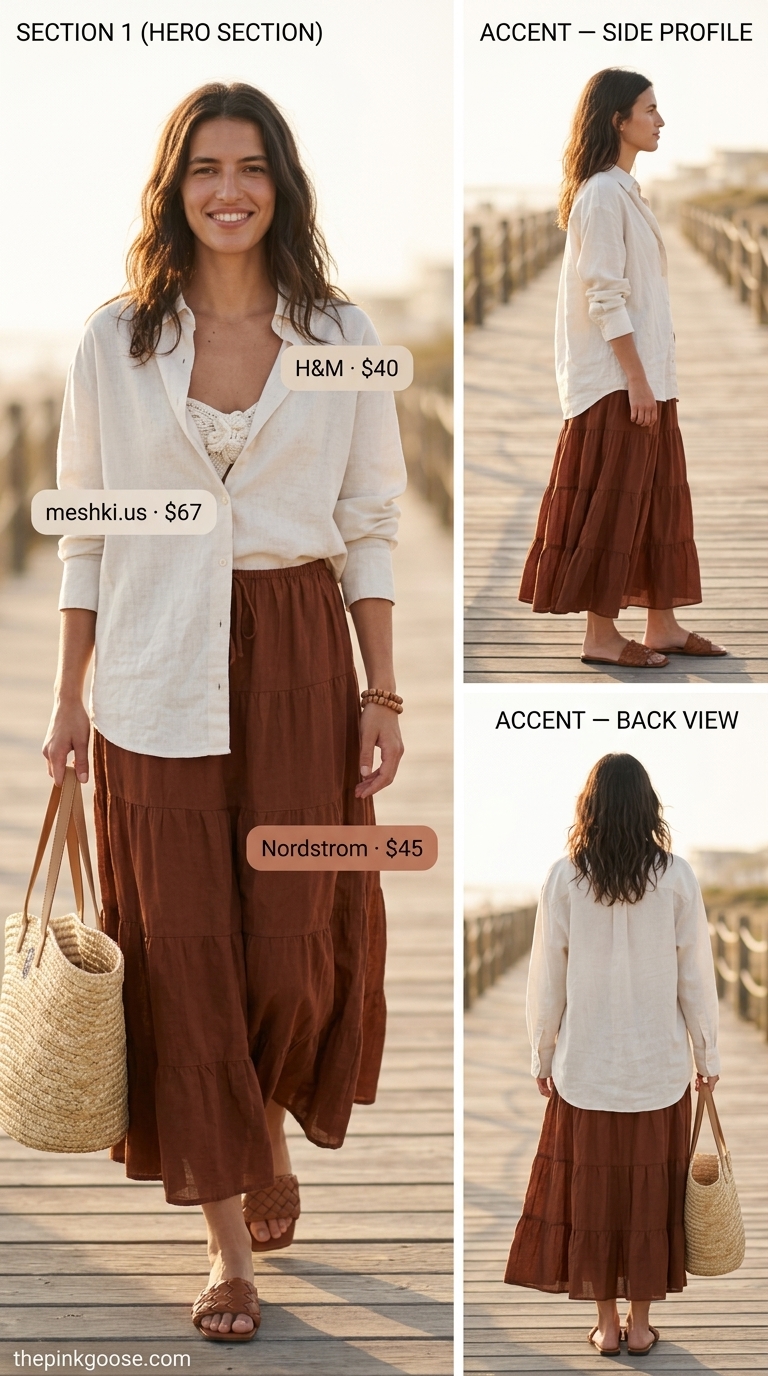 Boho summer bandeau top for women 2026 with terracotta maxi skirt, linen shirt, and straw tote for beach day.