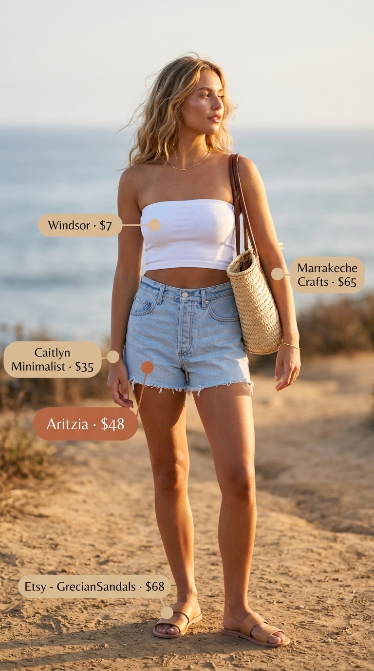 Relaxed summer bandeau top for women 2026 with denim shorts, straw tote, and leather slides for a beach day.