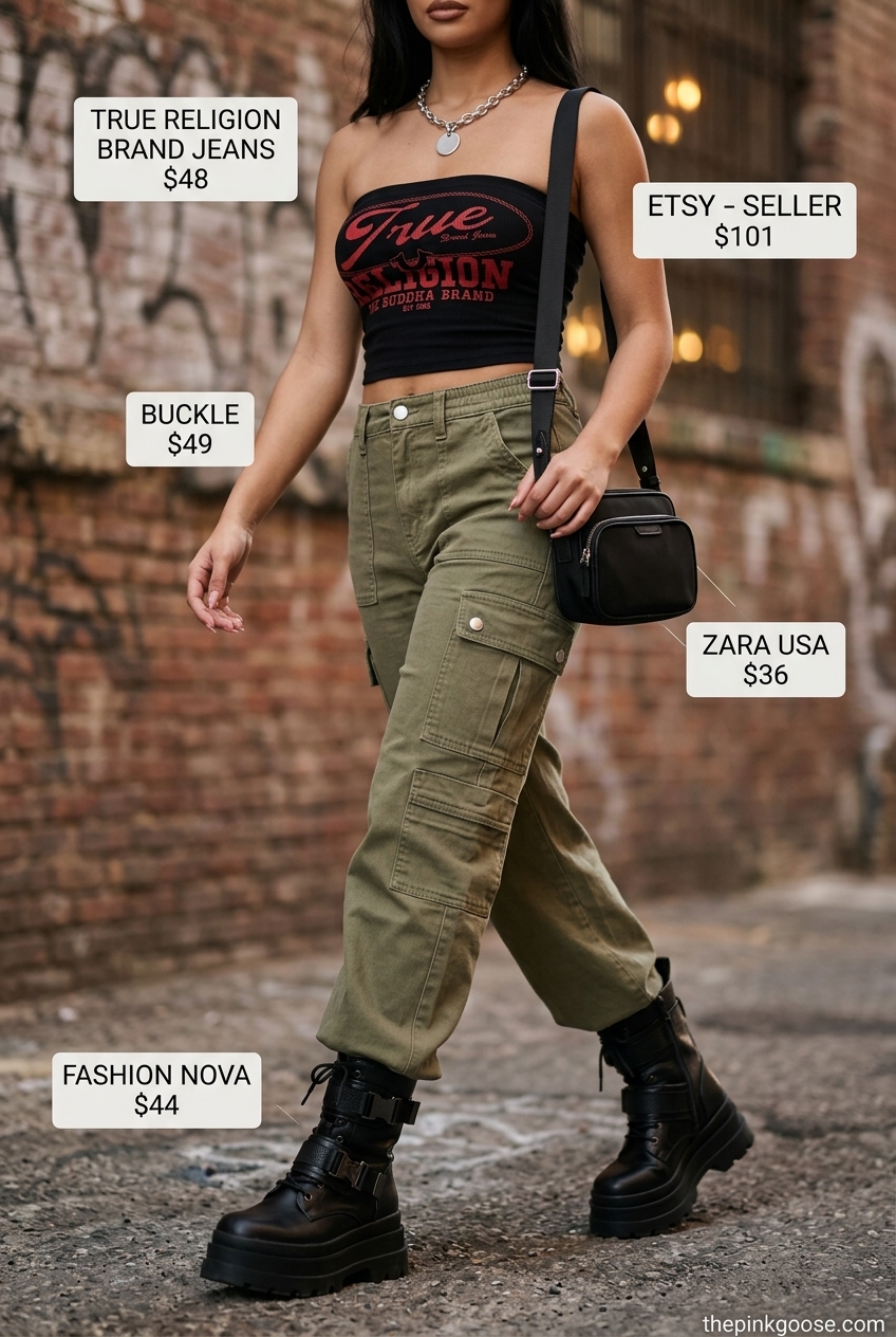 Edgy summer bandeau top for women 2026 with cargo pants, combat boots, and crossbody bag for street style.