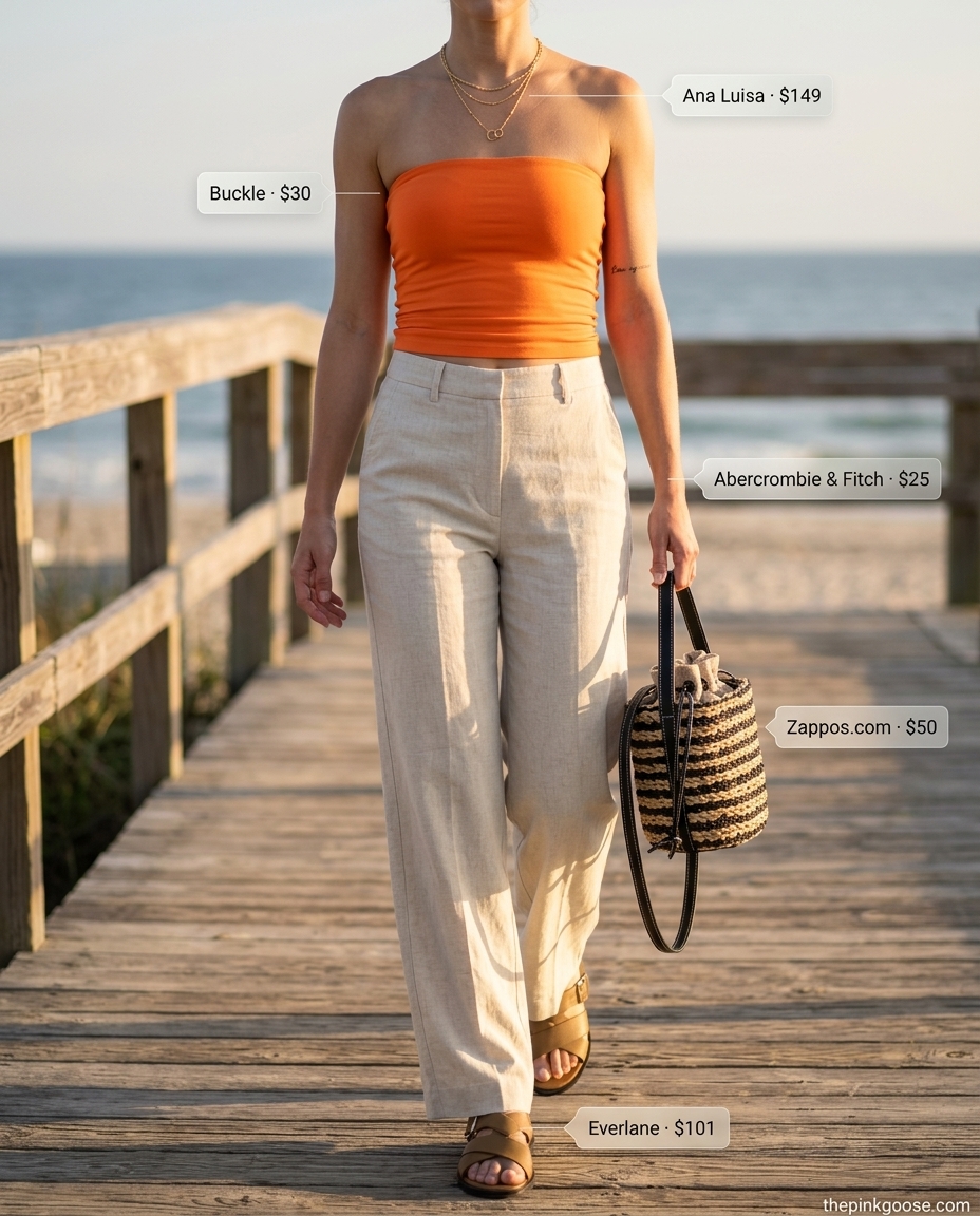 Effortless summer bandeau top for women 2026 with linen pants, flat sandals, and straw crossbody for a sunset dinner.