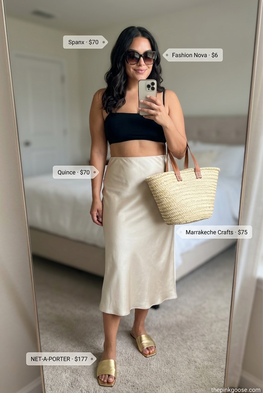 Glamorous summer bandeau top for women 2026 with champagne silk skirt, black bikini top, and straw tote for poolside.