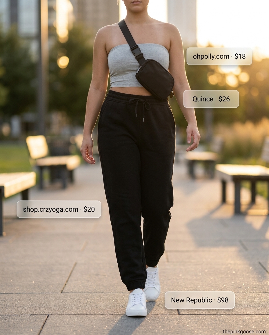 Sporty summer bandeau top for women 2026 with grey joggers, white sneakers, and black belt bag for errands.