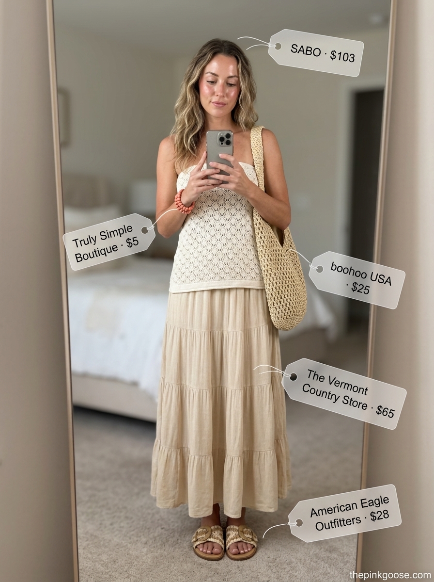 Boho beach babe outfit with an ivory crochet bandeau top and natural beige maxi skirt. Summer Bandeau top for women 2026.