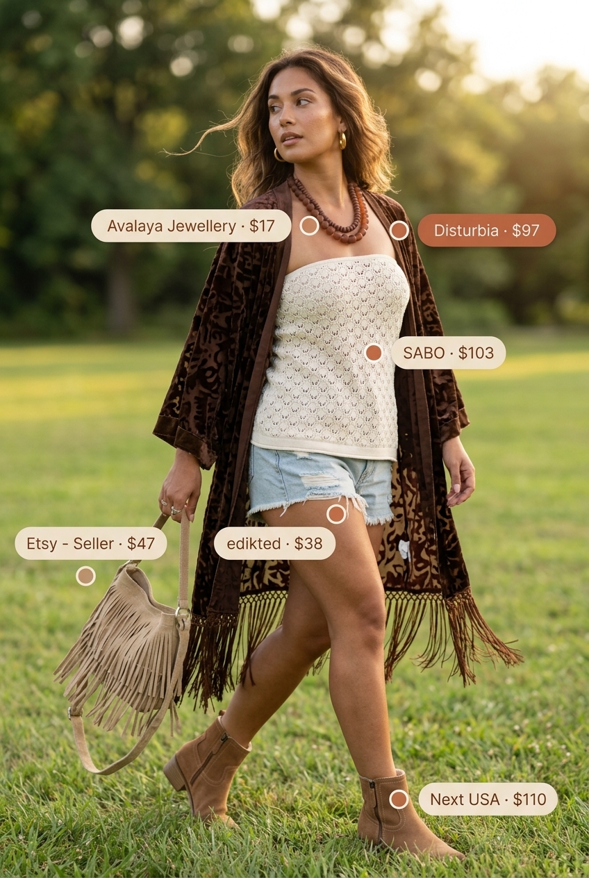 Boho cream crochet bandeau top with distressed denim shorts and fringed kimono for festivals 2026.