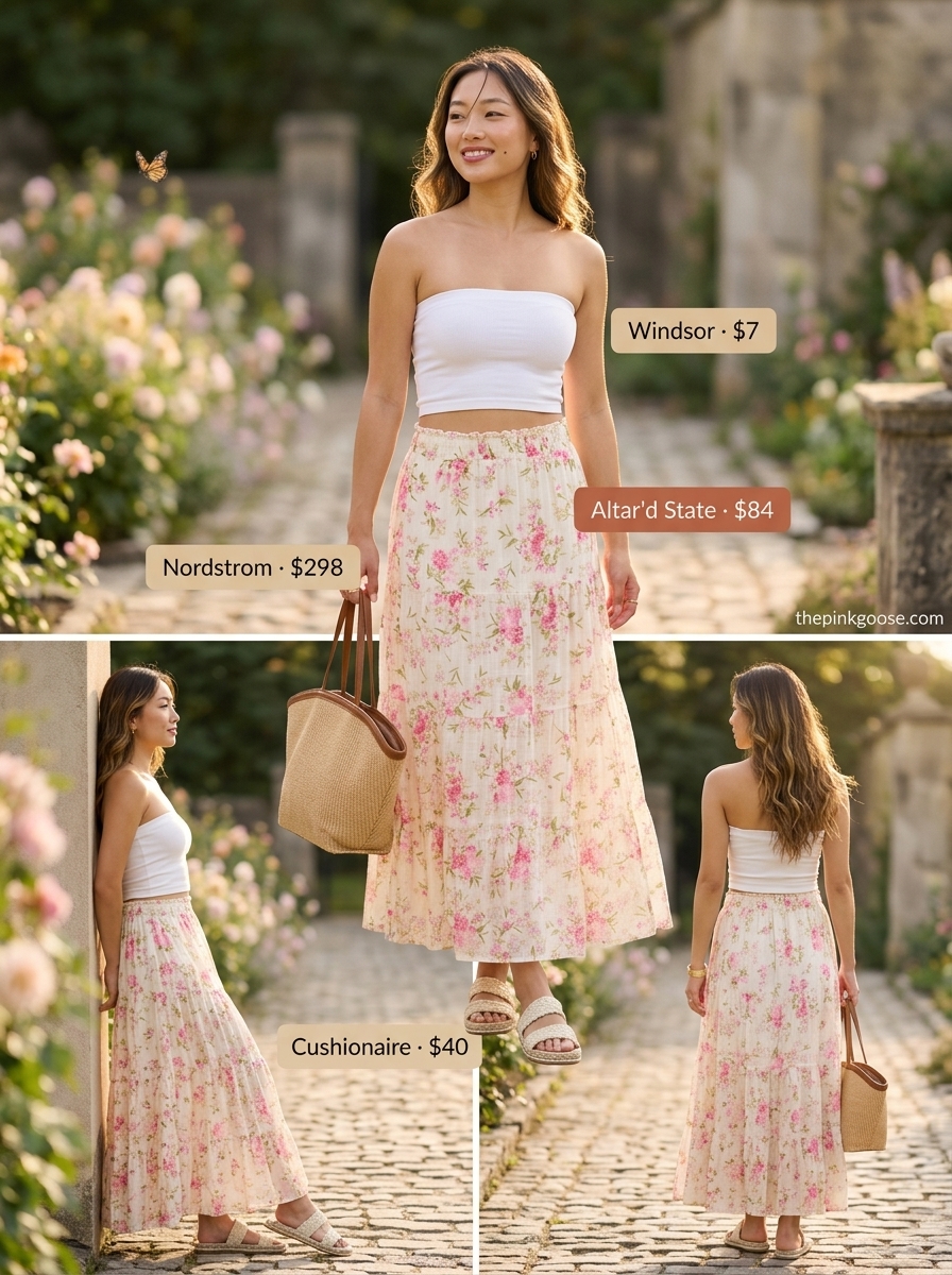 White bandeau top with a pastel floral maxi skirt for a breezy summer day outfit 2026.