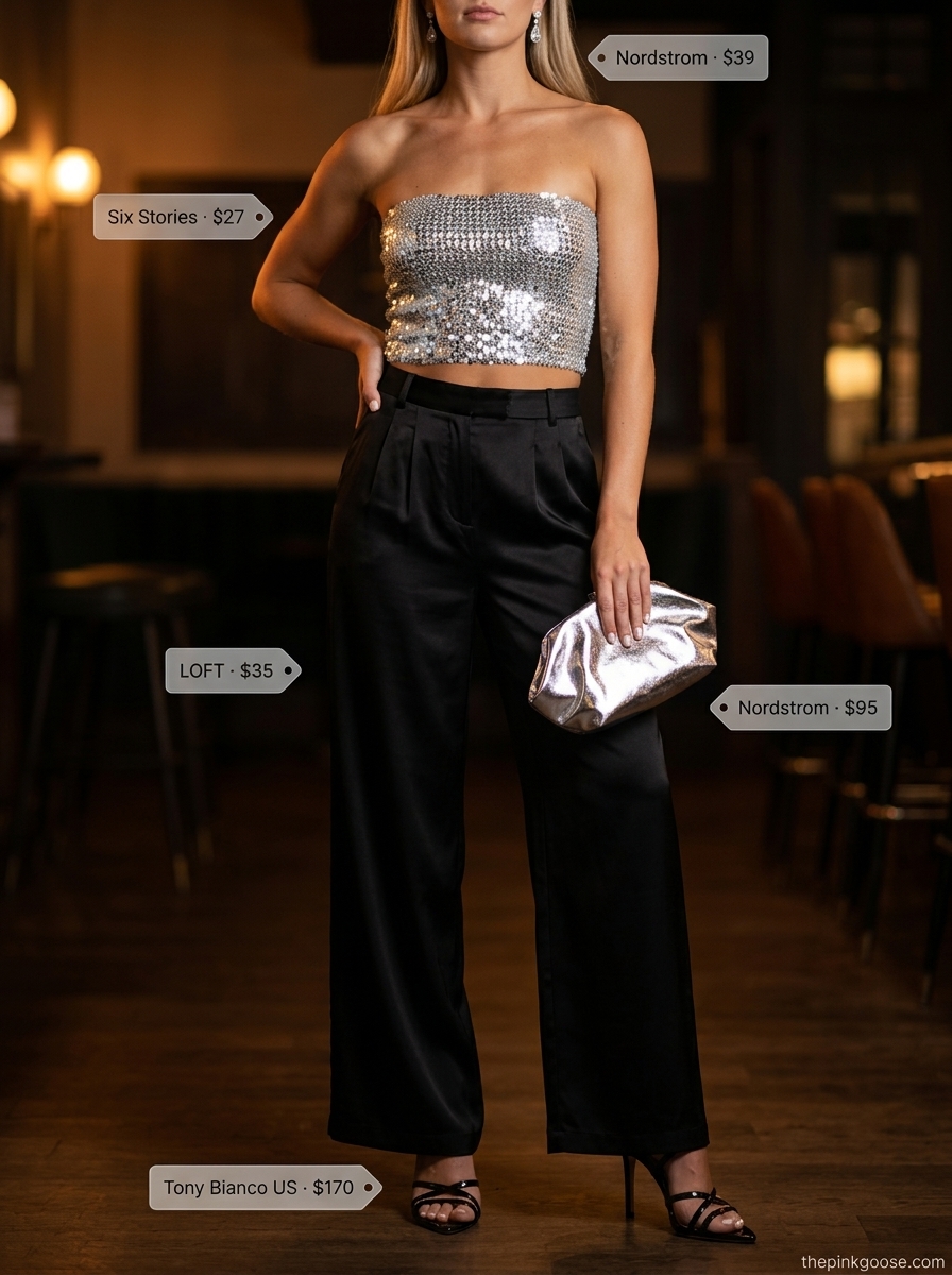 Glamorous evening outfit with a silver sequin bandeau top and black satin pants. Summer Bandeau top for women 2026.