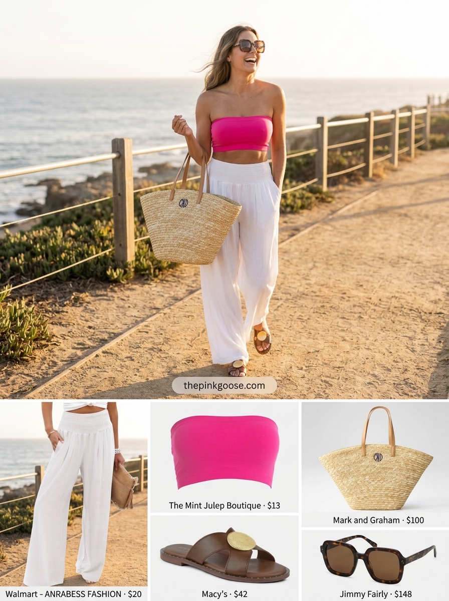 Vibrant hot pink bandeau top with white palazzo pants for a vacation-ready summer look 2026.