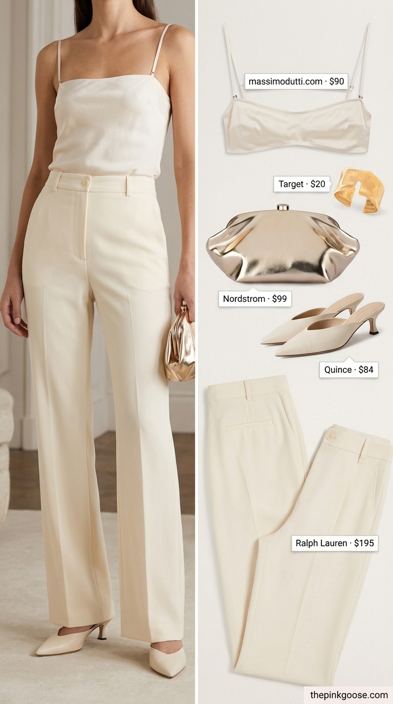 Modern minimalist outfit with an ivory bandeau top and white tailored trousers. Summer Bandeau top for women 2026.