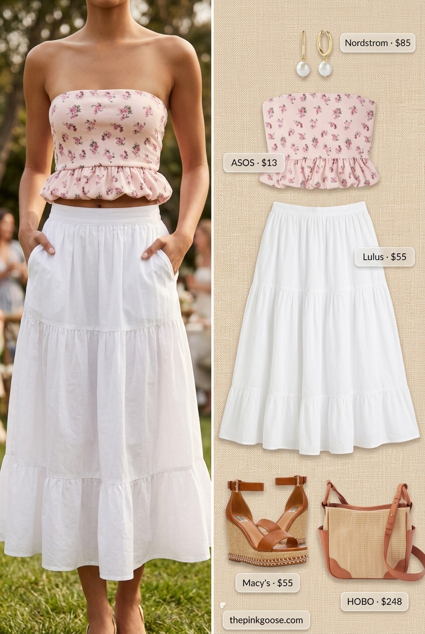 Playful summer romance outfit with a floral bandeau top and white midi skirt. Summer Bandeau top for women 2026.